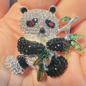 Panda Brooch Rhinestone Bamboo Animal Statement Pin 2"